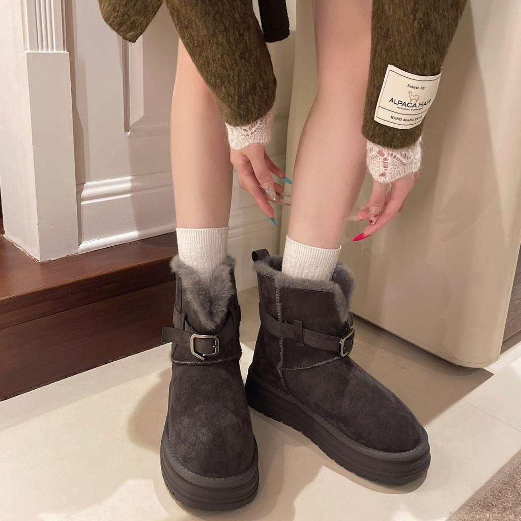 Thick-soled Snow Boots, Integrated Fur, Piled and Thickened Two-wear Flip Short Cotton Boots