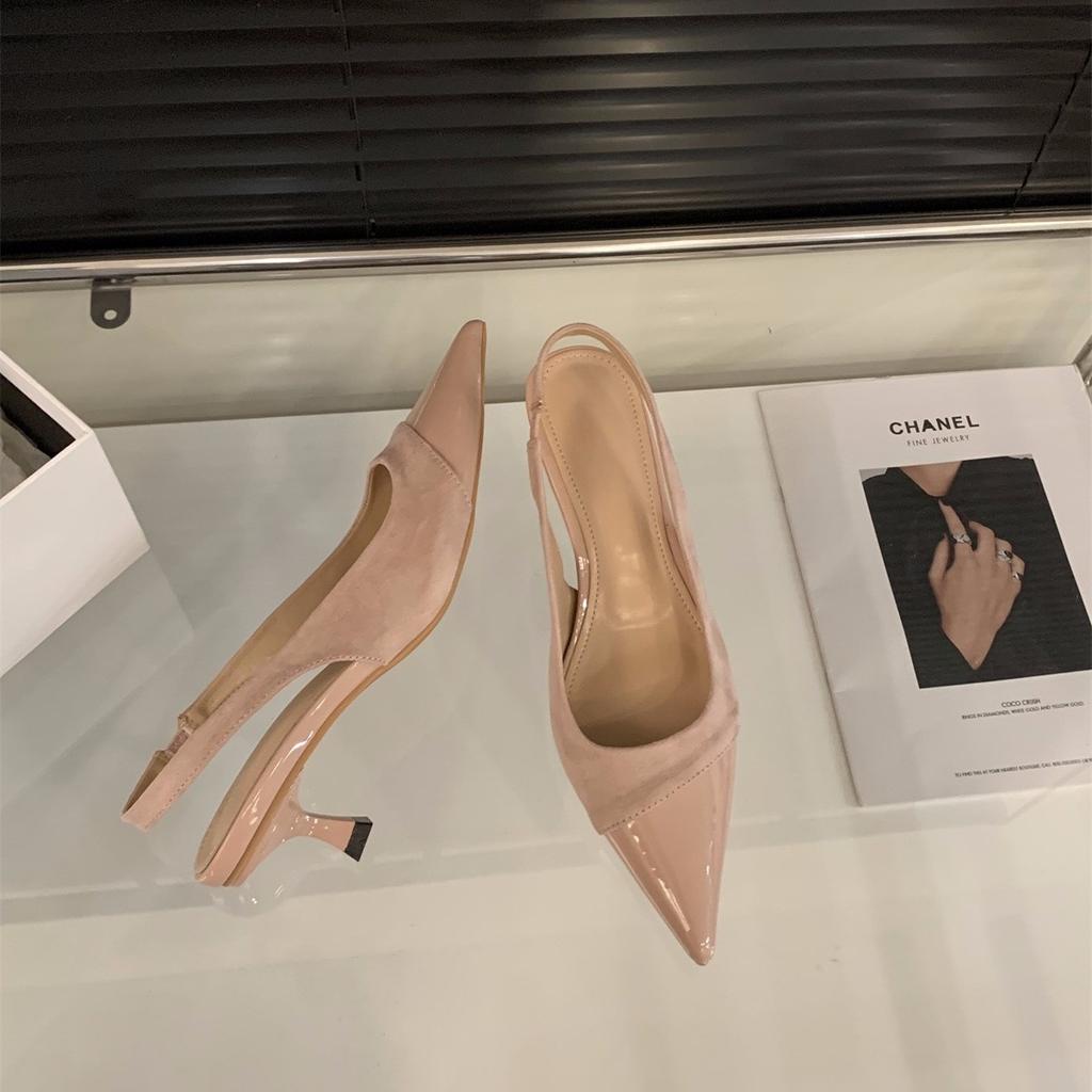 Pointed High Heels, Pink Bag Head Sandals, Fairy Shoes 2025 New Spring and Summer French Temperament Splicing Single Shoes