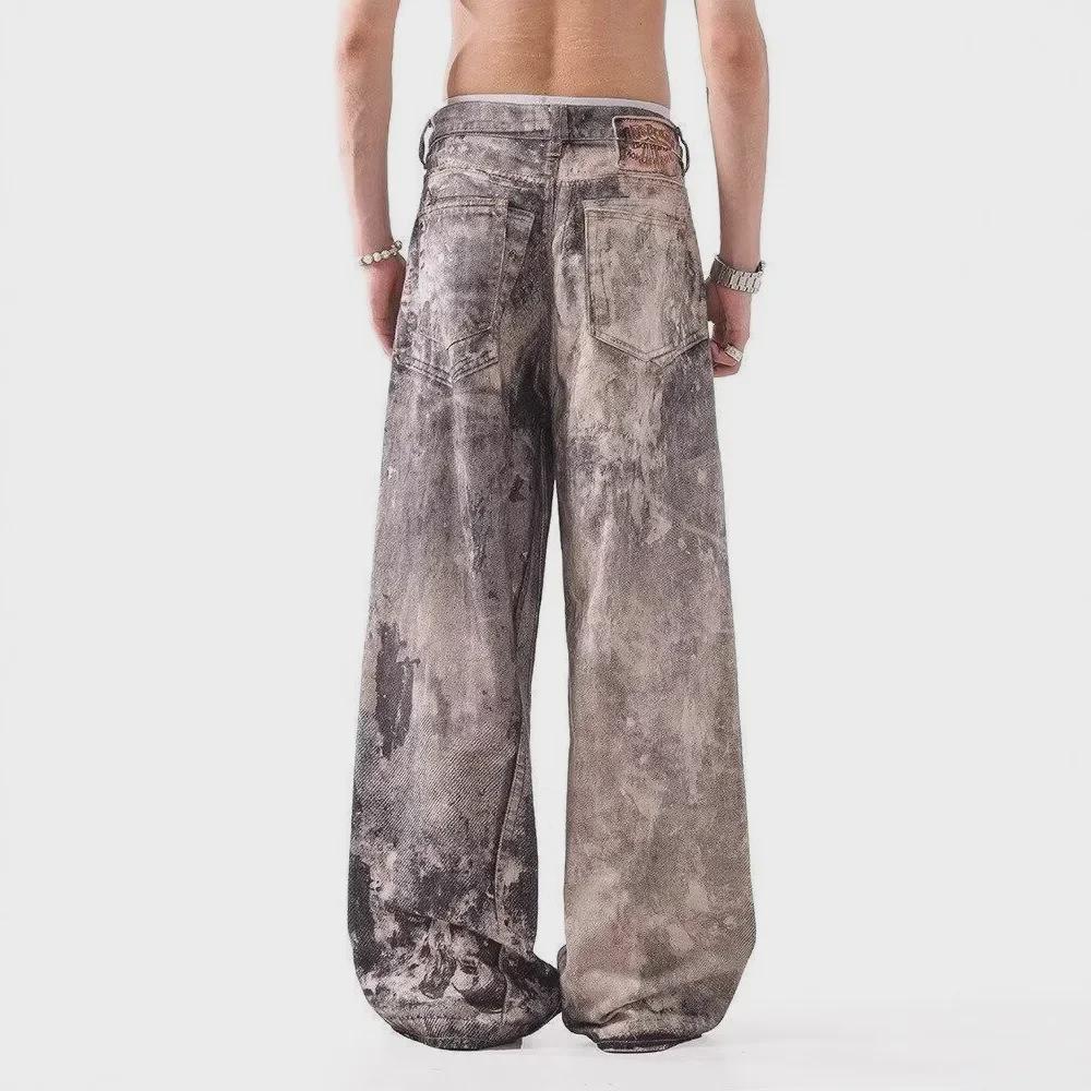 2024 Blugi Unisex cu Talie Înaltă și Picior Larg, Vopsiți prin Jet de Cerneală, Distresați