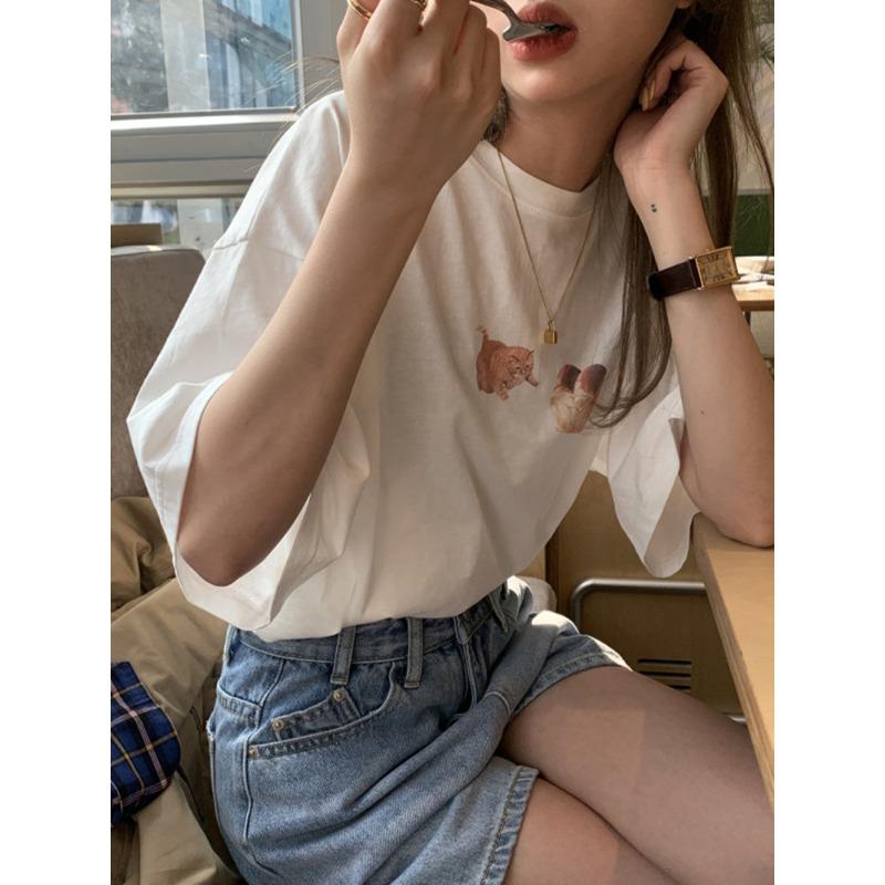 Korean Pure Cotton Printed Short-sleeved T-shirt for Women In Summer New Round Neck Casual Loose Half-sleeved Top