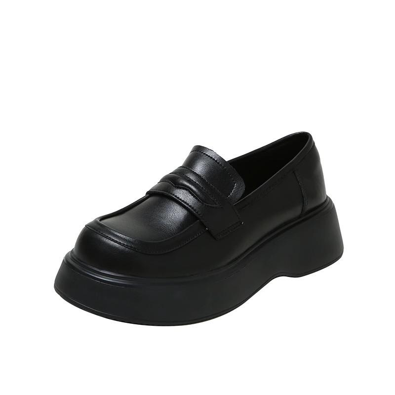 Qiao Feifei~ Platform Loafers Women's 2023 Muffin Shoes Versatile Black British Style Small Leather Shoes One Pedal Single Shoes