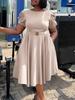 C8601 Women's European & American Round Neck Elegant A-line Dress with Puff Sleeves & Waist-Cinching Hem