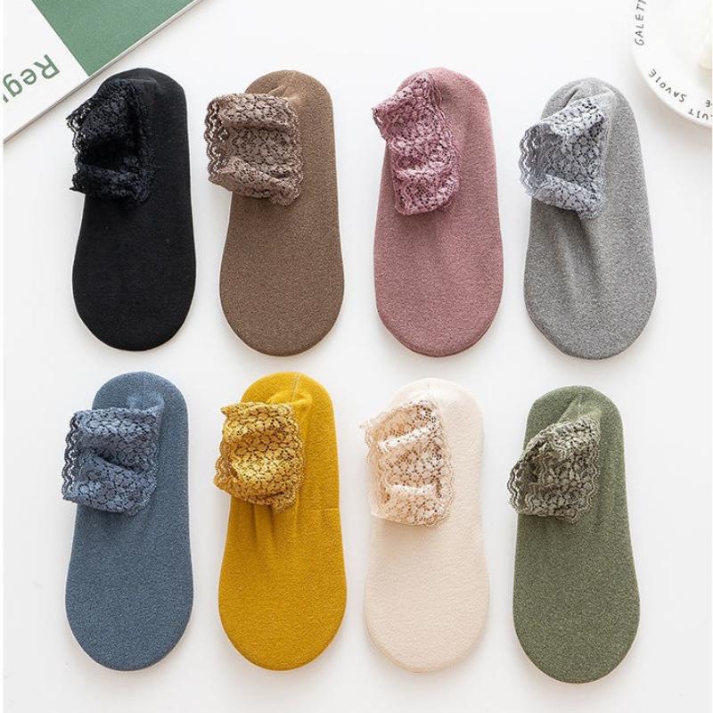 New Autumn Winter Women's Ankle Socks Lace Edged Solid Color Velvet Warm Soft Non Slip Cute Elegant Daily Dating Girls Socks