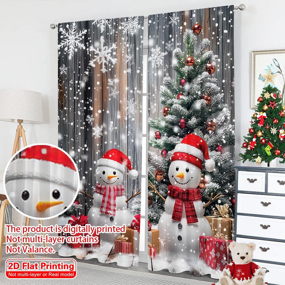 2D Flat Printing 2Pcs Snowman And Christmas Tree Design Rod Pocket Curtains Digital Print Polyester Drapes For Living Room