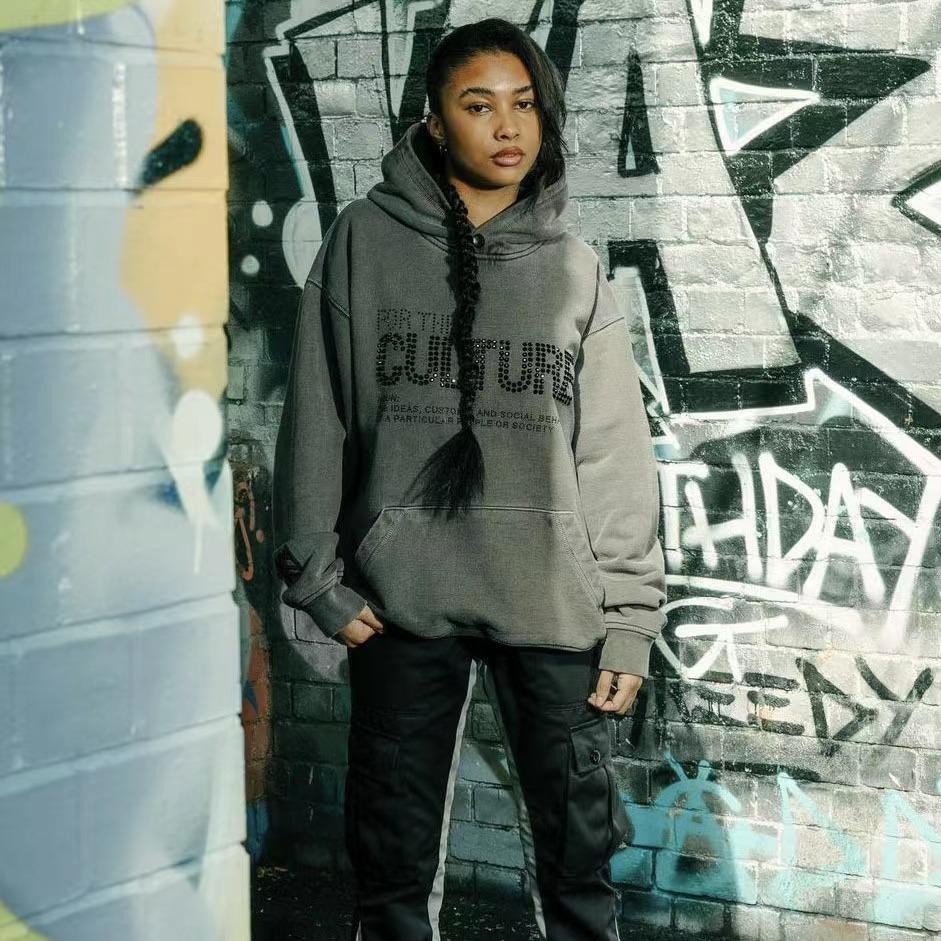 Hooded sweatshirt, roguish and cool, trendy hooded pullover, rhinestone letter print, new long-sleeve top S