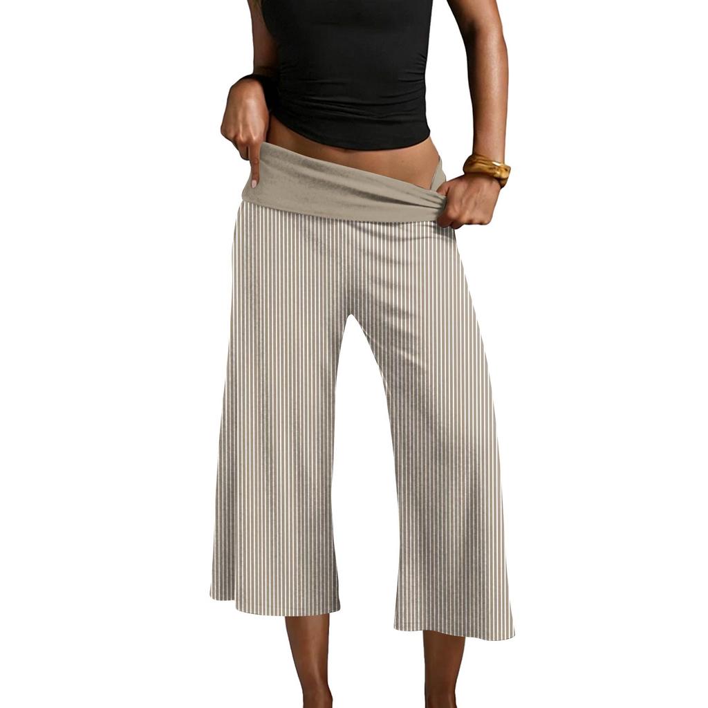 Women’s Striped Yoga Pants Loose Fit Wide Leg Cropped Trousers with Fold Over Waistband Comfortable Design for Daily Wear