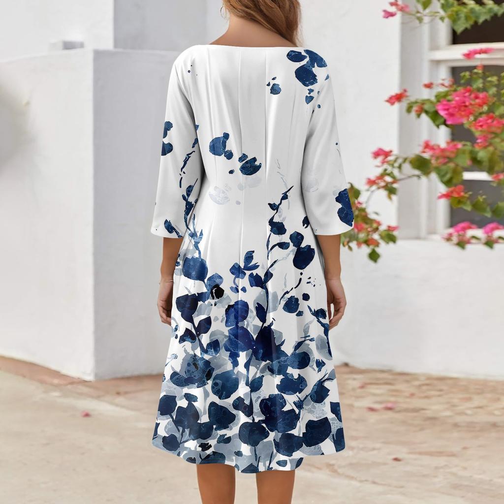 Kvinners uformelle mote V-hals Midi-kjole med trekvart ermetrykk