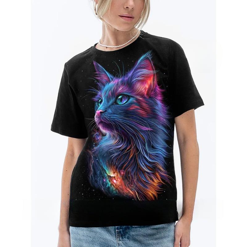 Top de vară cu gât rotund și imprimeu 3D cu pisică, tricouri de damă la modă și casual cu mânecă scurtă