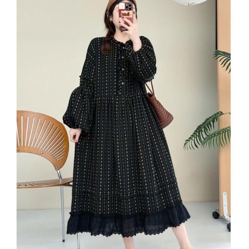Johnature Jacquard Ruffle Printed Casual Dress Spring Loose Long Pullover Long-Sleeve A-Line Women Dresses