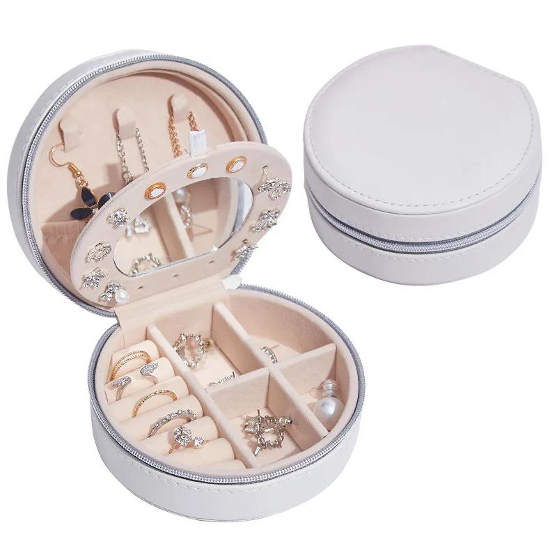 Simple Fashion Solid Color Small PU Leather Jewelry Box Circle Shaped Jewelry Box Earrings Jewelry Earrings Necklace Storage Box