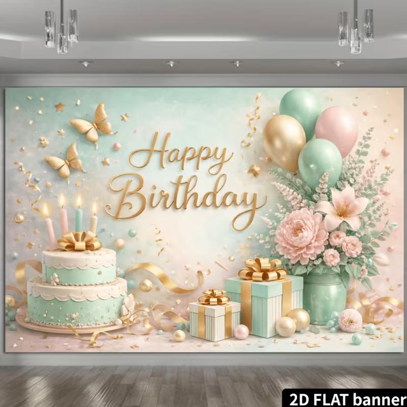 2D FLAT Mint Green Gold Happy Birthday Background Cloth for Party