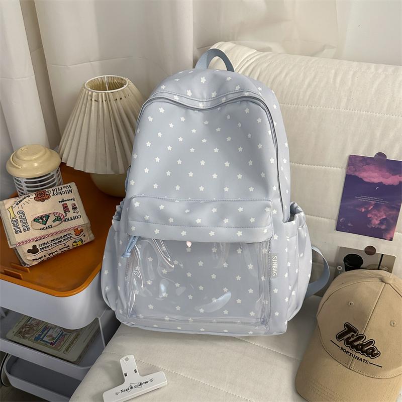 Cute Star Print Backpack for Women & Girls – Transparent Front Pocket, Lightweight Design – Perfect for School, Travel & Daily Use