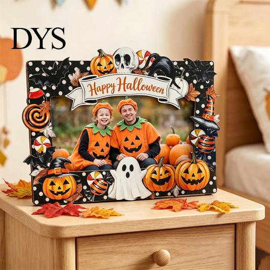 Halloween Picture Frame Wooden Photo Frame, Pumpkin Ghost Cat Cutout Holiday Portrait Holder, Double-sided Tabletop Decor for Home Party Indoor Table