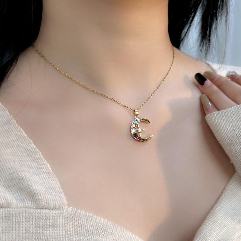 Moon and Stars Cubic Zirconia Titanium Necklace - European & American Style Women's Fashion Clavicle Chain