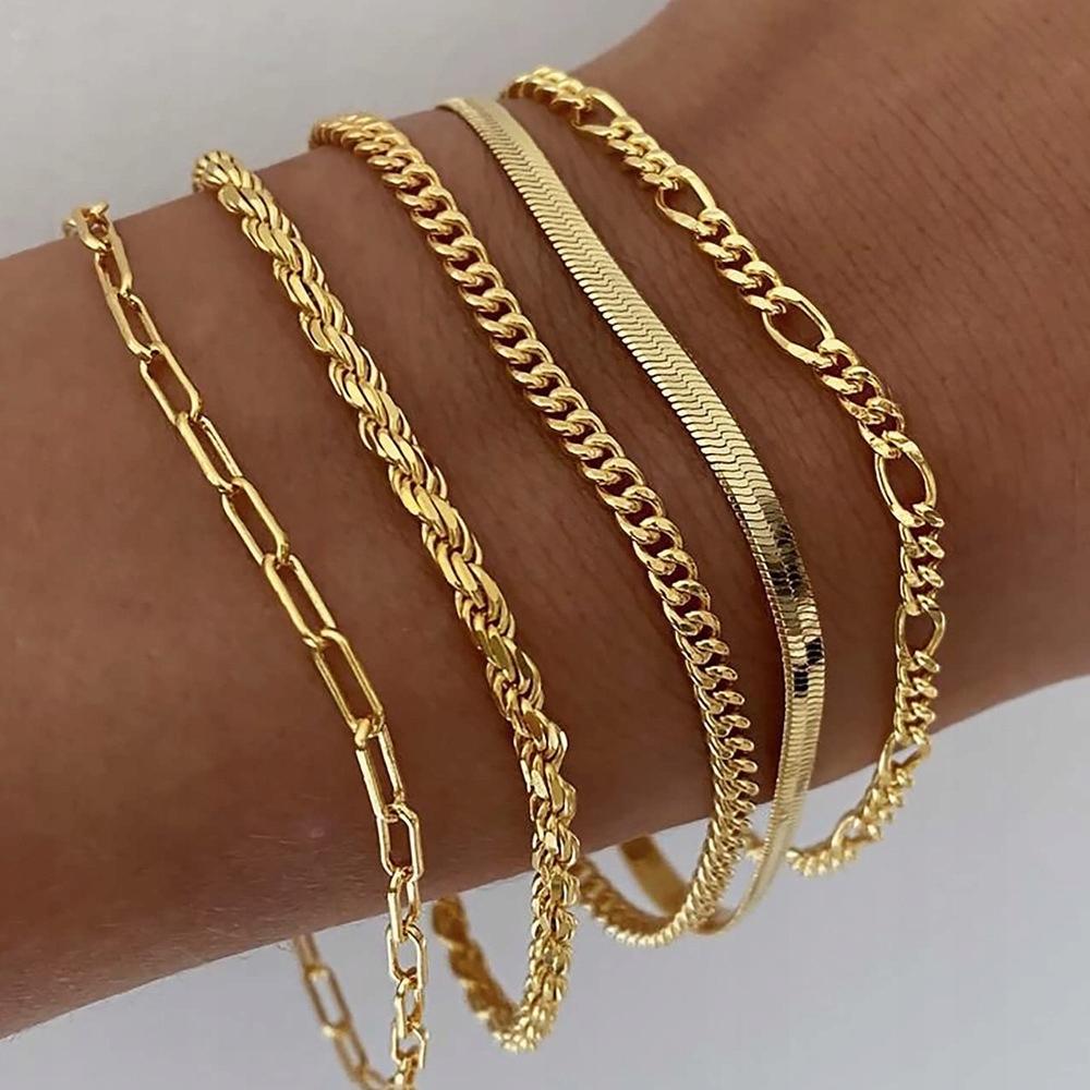 Women's Set of 5 Gold Chain Bracelets Thin Surgical Steel