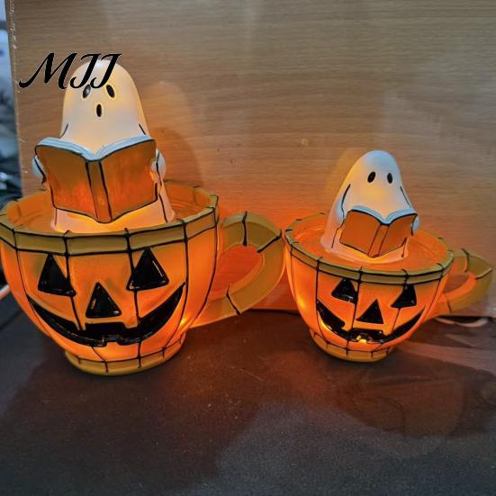 Retro Halloween Light Ghost Reading Book Lamp, Stained Glass Style Night Light, Resin Spooky Warm Orange Pumpkin Bedside Lamp for Bedroom, Living