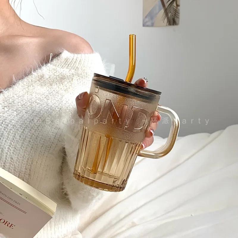 1/3/5PCS Straw Cup Glass Water Cup for Girls Handle with Lid Transparent Embossed Cup Men's New Home Office Milk Glass
