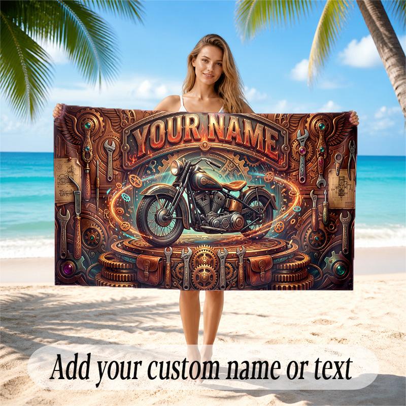 Motorcycle Biker Theme Quick Dry Beach Towel Custom Name Text Print Large Sand Resistant Towel Beach Vacation