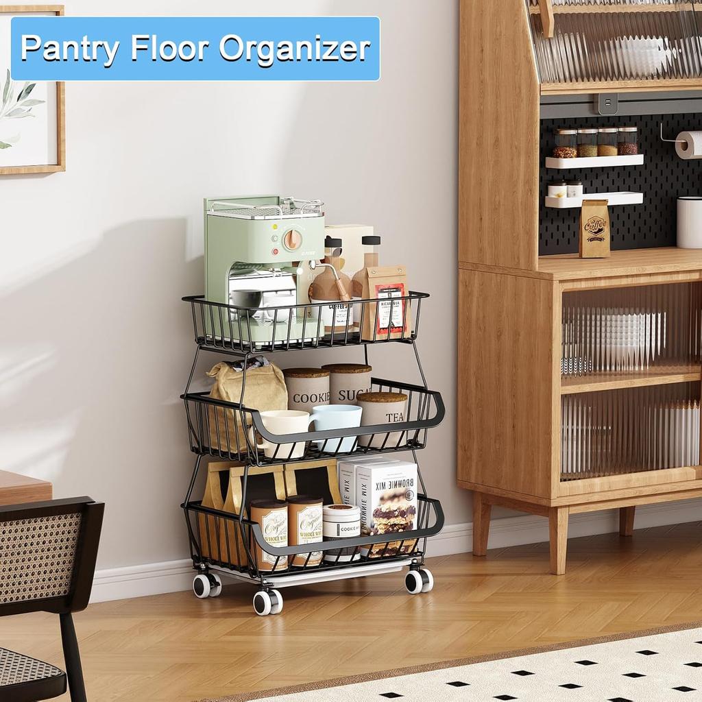 3Tier Rolling Pantry Floor Organizer,Stackable Pantry Storage Cart with Wheels, Metal Wire Pantry Baskets, Kitchen Fruit Basket Stand, Vegetable