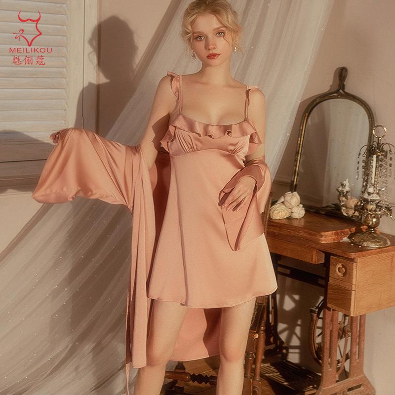 Spring new high-end satin home suspender nightdress women's French ruffle edge can be worn outside suit
