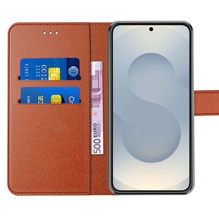 Coque de protection - BOOLING - pour Samsung Galaxy S25 Plus - Effet Cuir Marron - 2 Verres Trempés - Antichoc
