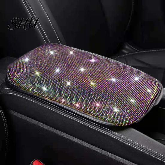Removable Car Armrest Cover Bling Rhinestone Universal Rectangle Elastic Band Auto Cushion Center Console Protector Pad Mat Interior Accessories