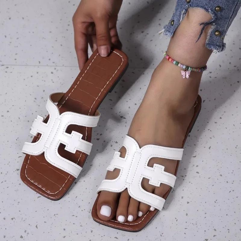 Letnie damskie płaskie kapcie z kwadratowym noskiem, retro, casualowe buty plażowe dla kobiet, outdoorowe, plus size, sandały damskie, buty damskie typu slide