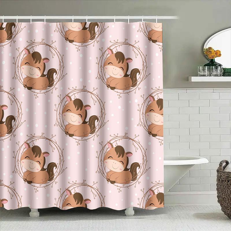 Horse Print Shower Curtain Pink Waterproof Fabric Rings For Bathroom Decoration Home Decor Washable Custom Size Options Availabl