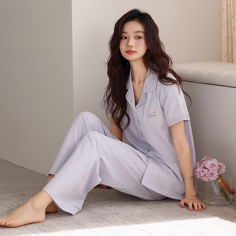 Pajamas with chest pads, women's summer thin cotton short-sleeved trousers, large size casual and high-end sense, can be worn outside loungewear