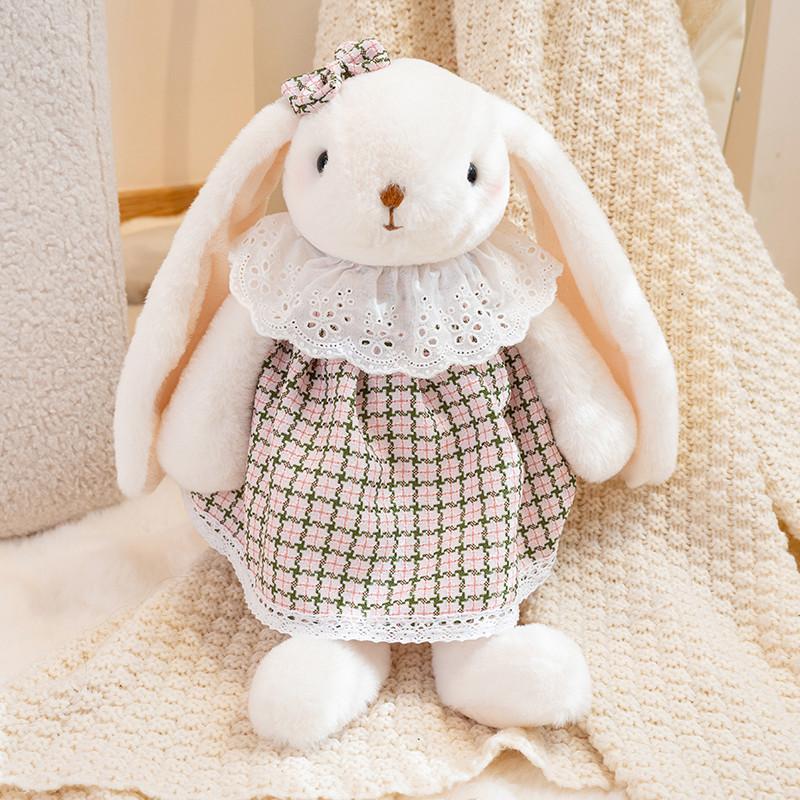 New 35cm Cute Shy Bunny Plush Toy with Floral Check Dress Soft Stuffed Rabbit Kid Birthday Gift Sofa Bedroom Decor Hugging