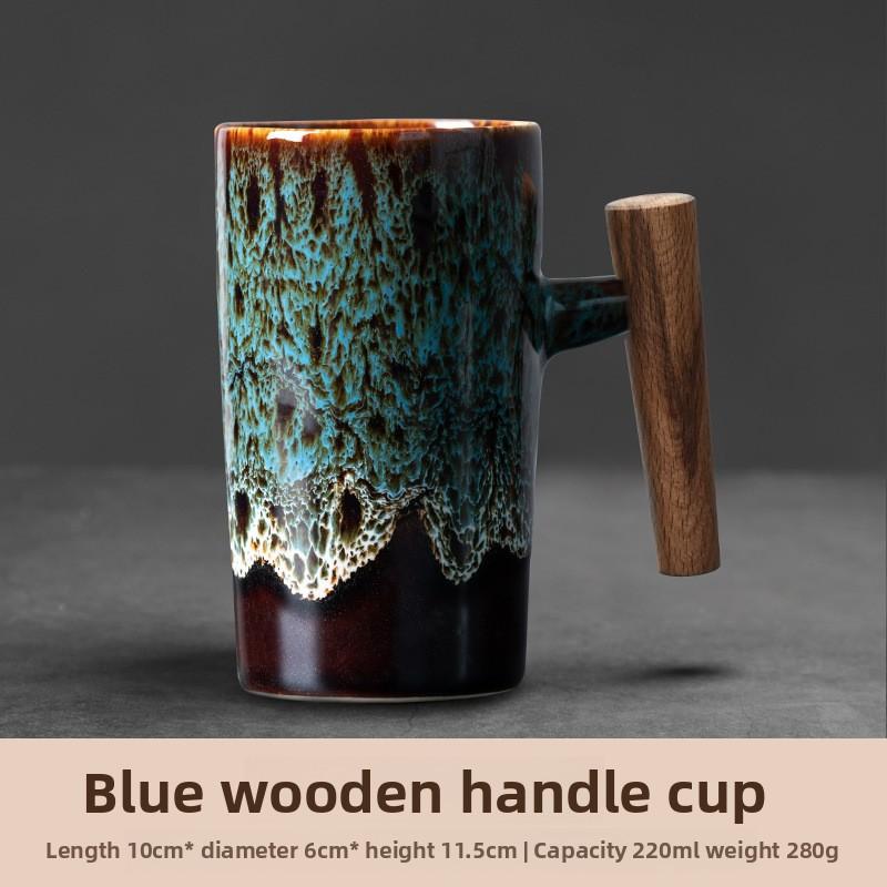 Vintage Ceramic Mug with Wooden Handle Japanese Style Coffee Cup for Couples Home Use