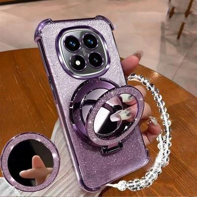 Glitter Magnetic Mirror Stand Bracelet Holder Case For Xiaomi Poco X7 PocoX7 Pro X6 X5 M7 M6 F6 F3 F7 Pro Ultra Shockproof Cover