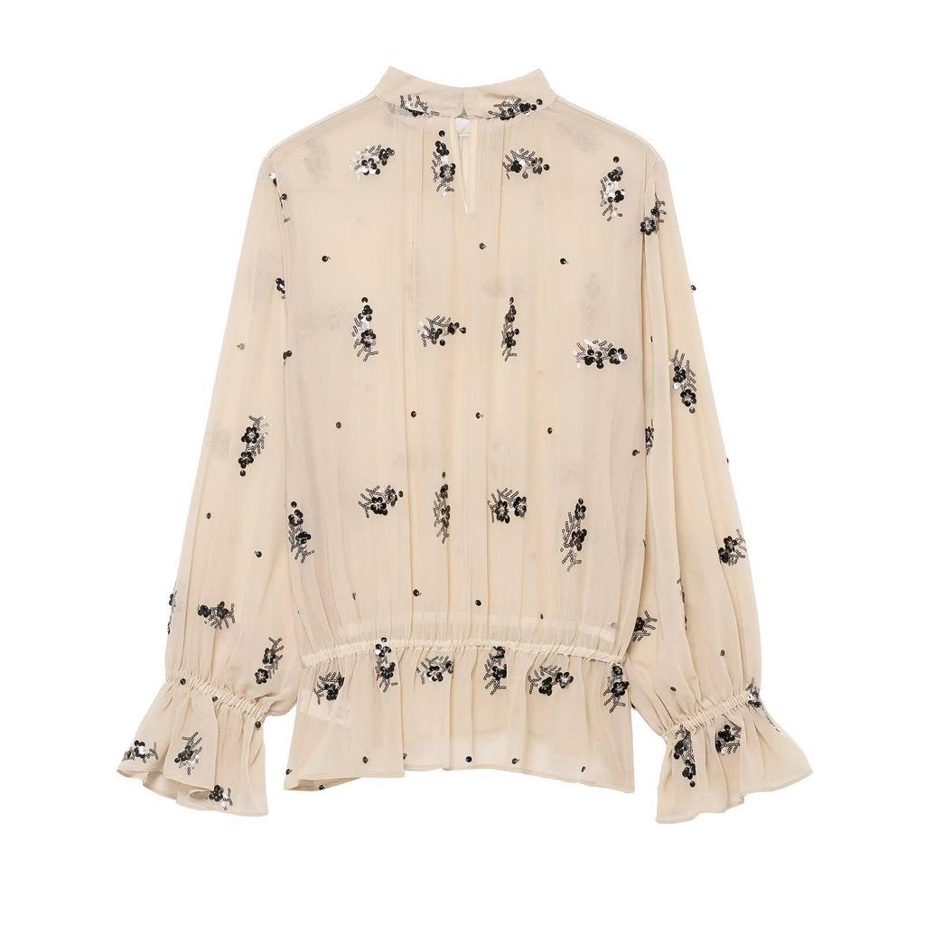 European & American Style Women's Fashionable Temperament Loose Casual Sequin Semi-Transparent Shirt