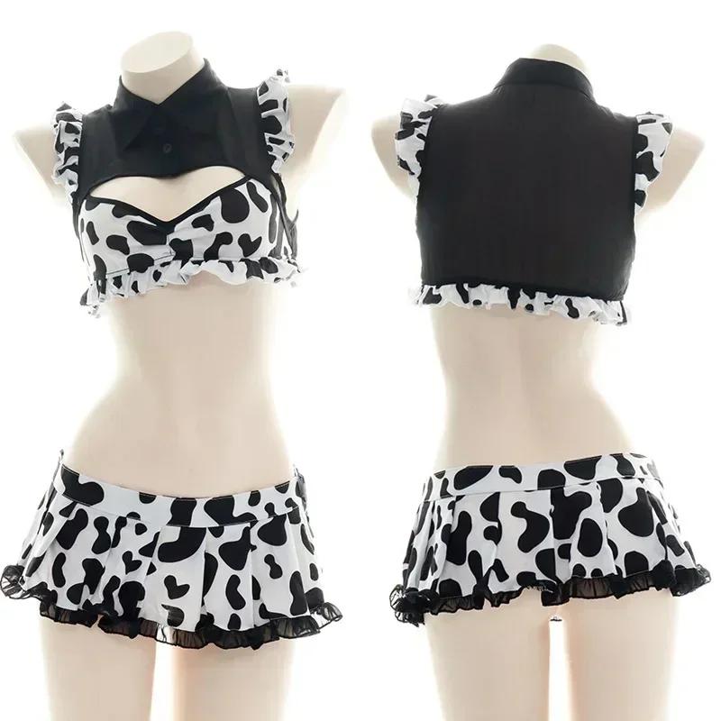 Cow Series Swimsuit Bodysuit Bikini Maid Unifrom Costume Summer Beach Kawaii Girl Swimwear Skirt Uniform Set Cosplay