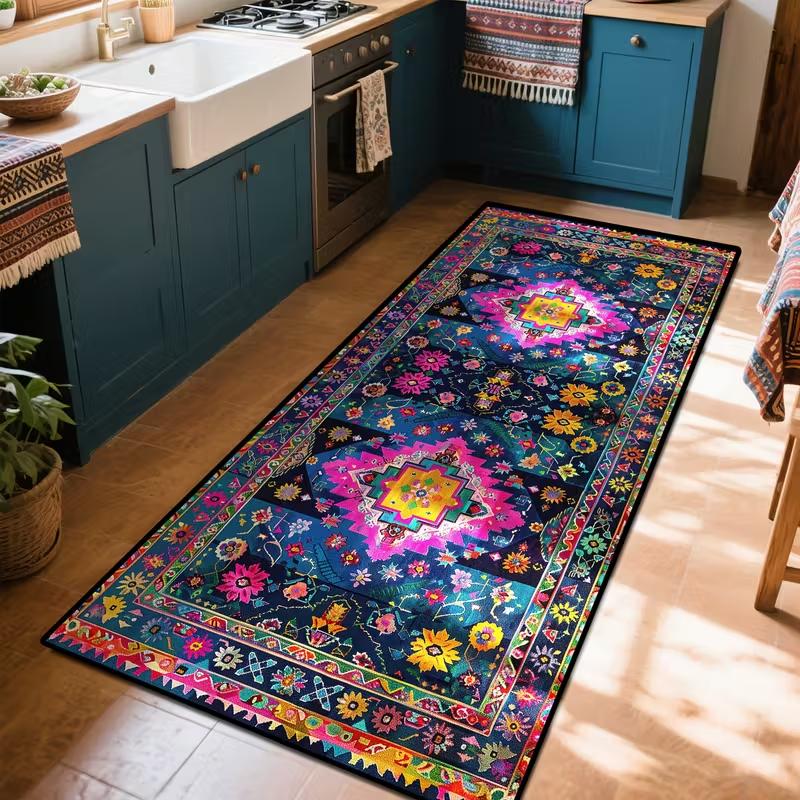 Intricate Geometric Folk Carpet, Symmetric Medallion On Indigo with Floral Border Rug, Floor Mat for Bohemian Hallway Classic