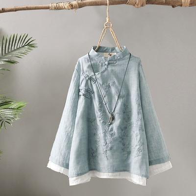 Dam Sommar Långärmad Vintage Blommig Broderad Blus Bomulls Toppar Kinesisk Stil Skjortor