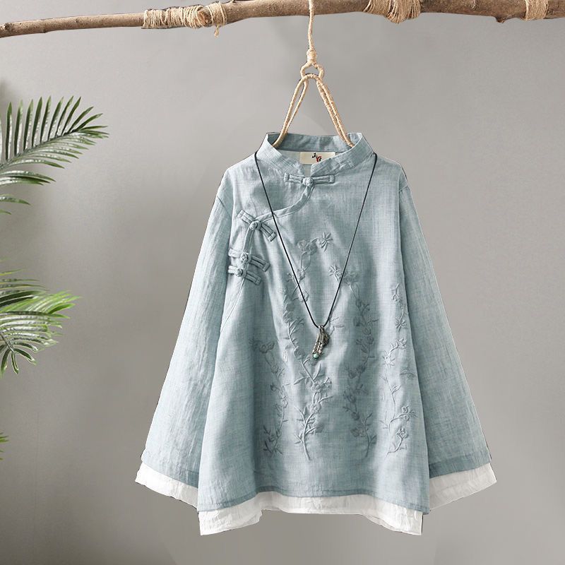 Camicia in Lino e Cotone con Bottoni a Disco Ricamati Retro Donna Primavera Abito da Tè Zen Cinese Top con Cuciture Larghe Girocollo