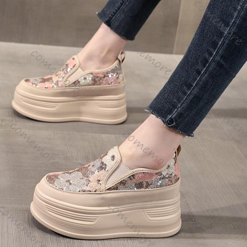 Fashion Comemore Sequin Flower Woman Platform Sneakers Wedge Shoes Female Height Increasing Ladies Breathable Casual Slip On Women Shoes