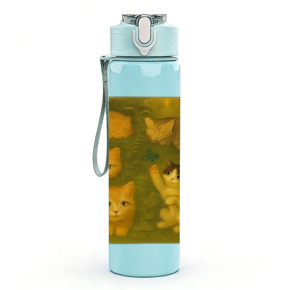 1PC Three Kittens Square Frame Art 750ml Color Plastic Sports Water Bottle Leakproof Flip Straw Lid Suitable for Sports Office Home Use