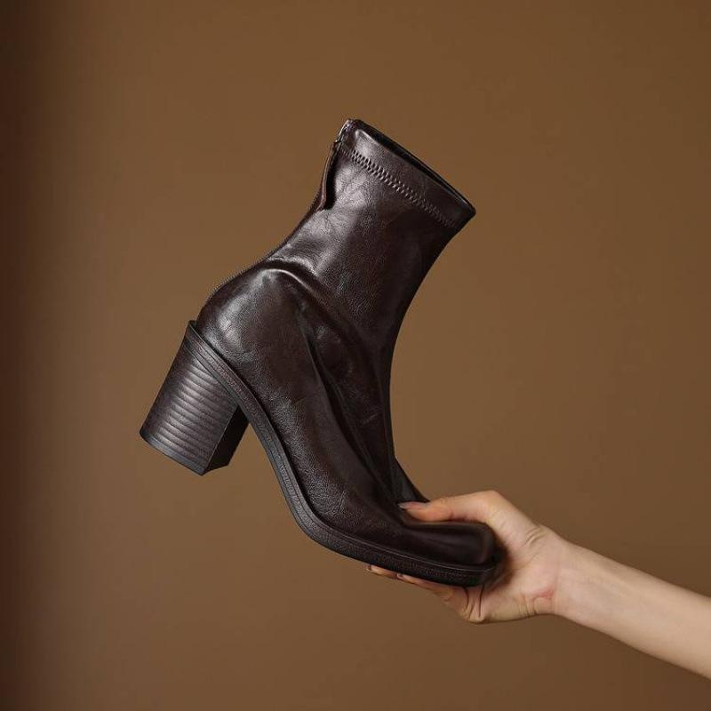 Autumn and Winter Women's High-heeled Leather Boots Solid Color Rubber Sole Versatile Martin Boots Rear Zipper Square Heel Elastic Medium Boots Women