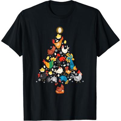 Chicken Christmas Tree Graphic Tee Funny Farm Animals Holiday Print Round Neck T-Shirt
