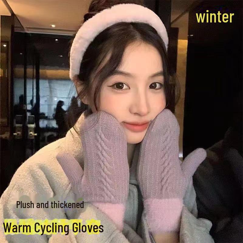 Women's Cute Plush Winter Mittens: Thick, Soft, Warm Cycling Gloves for Trendy Students