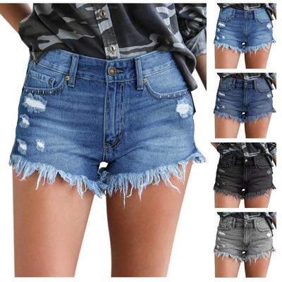 Damen Einfarbige Lässige Shorts Vielseitige Straight Leg Ripped Denim Shorts