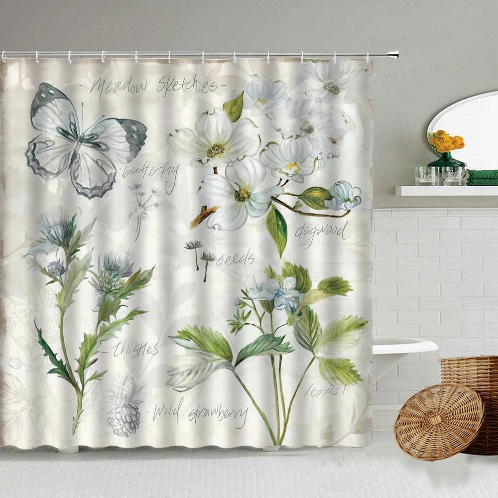

American Country Flowers Shower Curtain Retro Rose Butterfly Poster Boho Floral Bathroom Waterproof Curtains For Home Decoration W60H190(CM)-1 Pcs