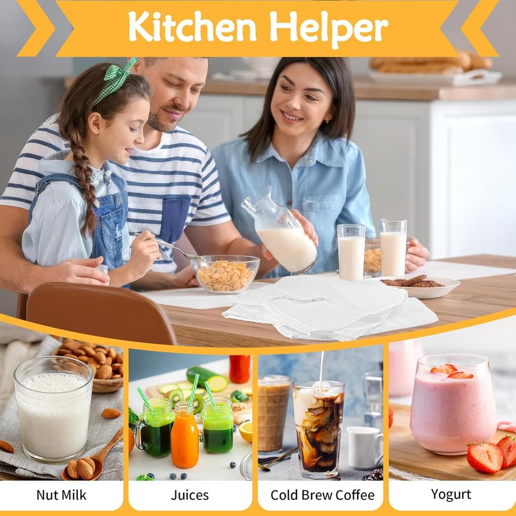 4 Pcs 12"x12" Nut Milk Bag, Fine Mesh Nylon Cheese Cloth Bag for Straining, Reble Strainer Bags for Almond Milk, Yogurt, Juice, Cheese Making, Cold