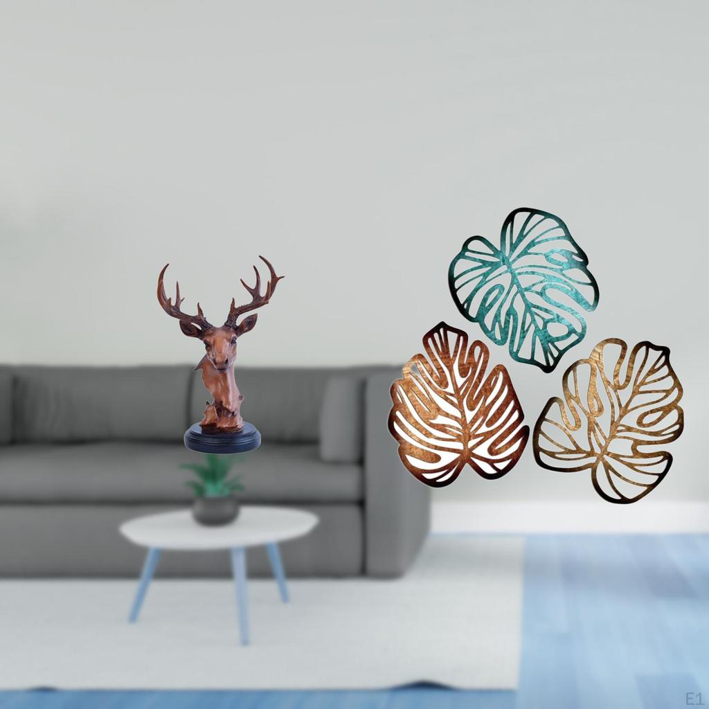 Tropical Deer Head Resin Statue Creative Animal Figurine with Palm Leaves Wooden Wall Art Jungle