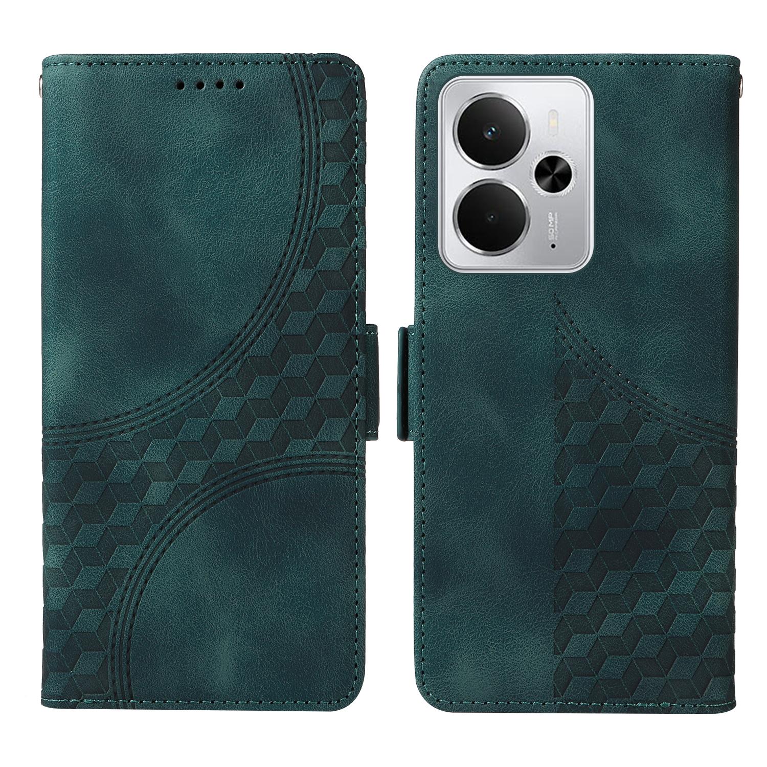 

For Realme 14 5G Leather Cases Wallet Rhombus Imprinted Phone Cover Stand with Strap Green