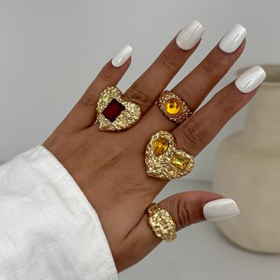 4 Peças/Conjunto Anel de Dedo Geométrico Cor Dourada Vintage Coração Anéis Ajustáveis Irregulares Abertos Plissados Tendência Joias para Mulheres Presentes de Joias Acessórios