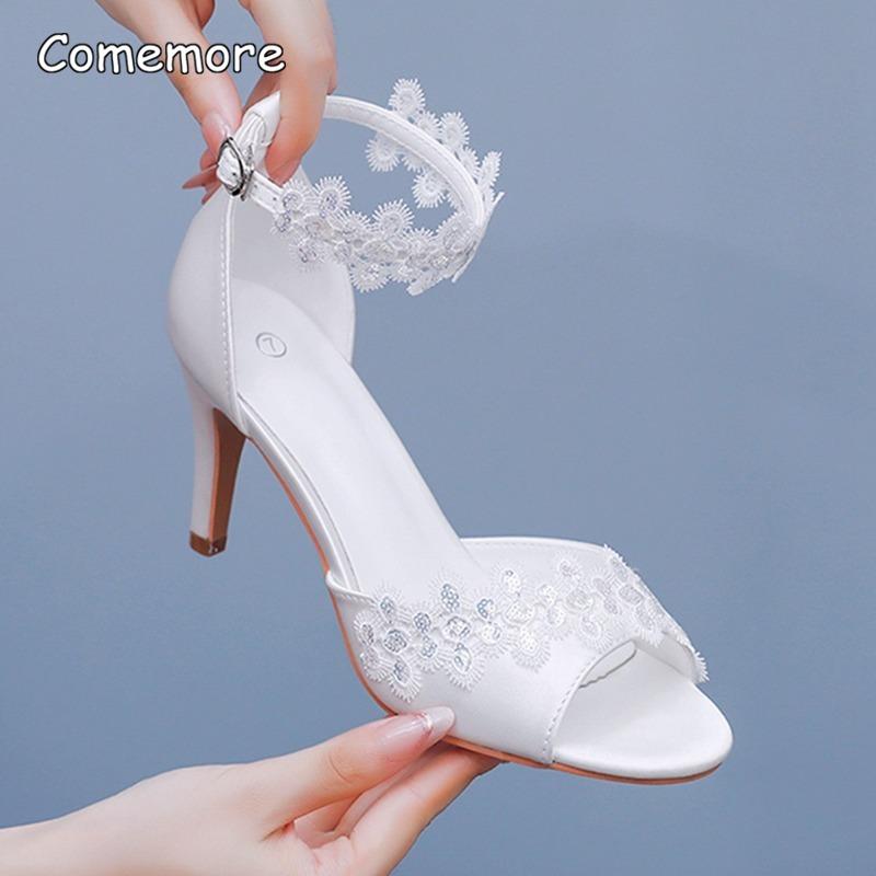 8CM Peep Toe High Heel Sandals White Lace Glitter Satin Shoes Stiletto Ankle Buckle Ladies Wedding Dress Bride Shoes Sandalias