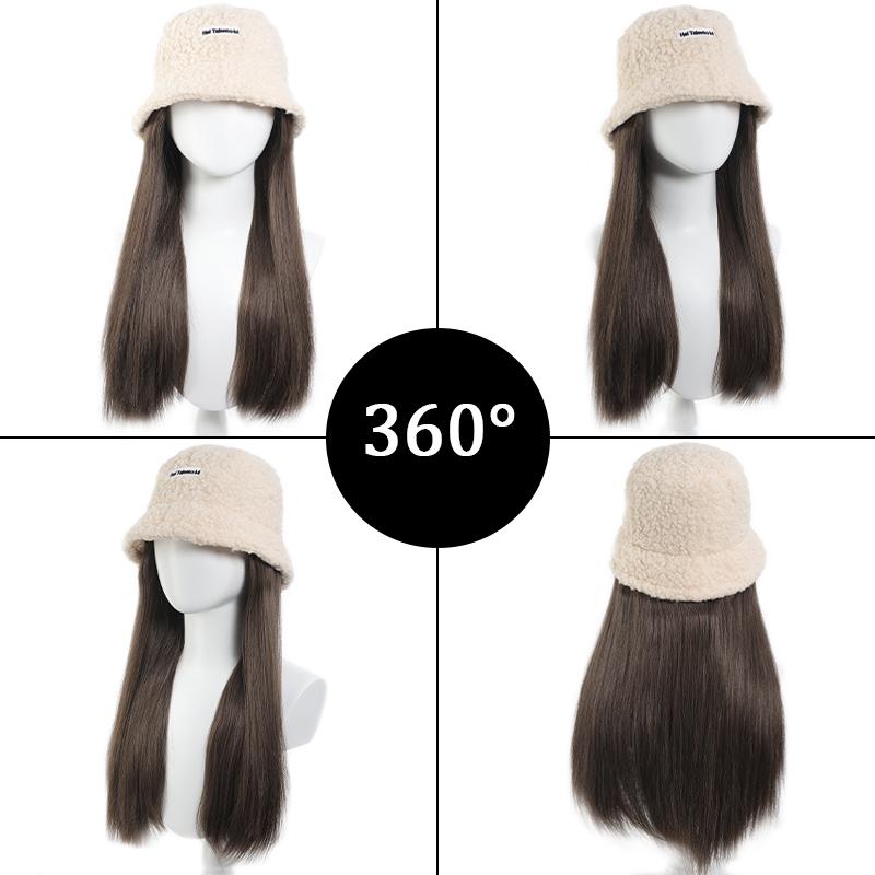 Fashion Hat Wig Lamb Hair Fisherman's Hat Long Straight Wig Female Synthetic Wig Autumn/Winter Halloween Party Christmas Gift
